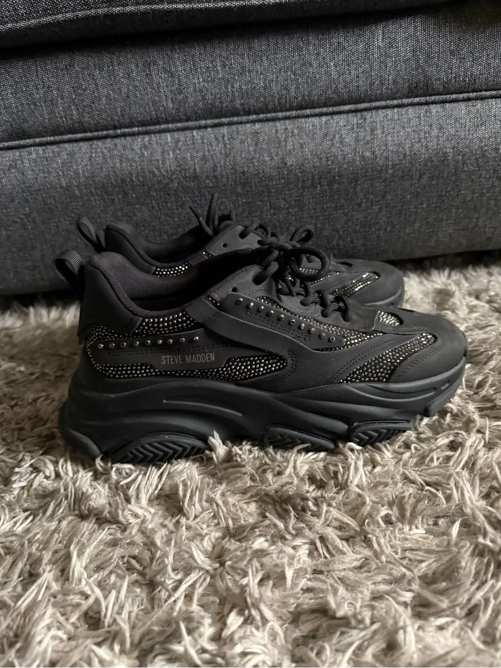 Steve Madden Black Platform Sneakers with Rhinestone Accents